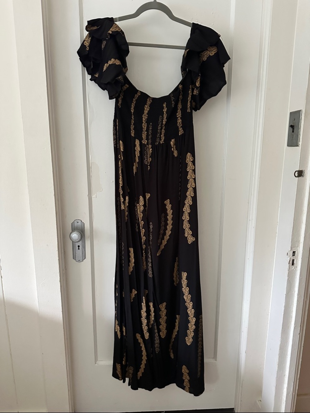 Black Maxi Dress with Gold Lei pua and Ruffle Shoulders